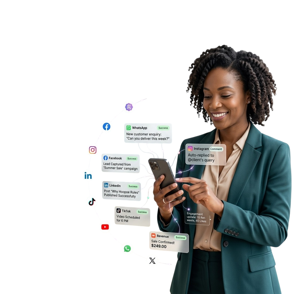 Hoopoe AI Marketing Operating System - Confident entrepreneur using modern smartphone to manage customer conversations and sales automated via social platforms